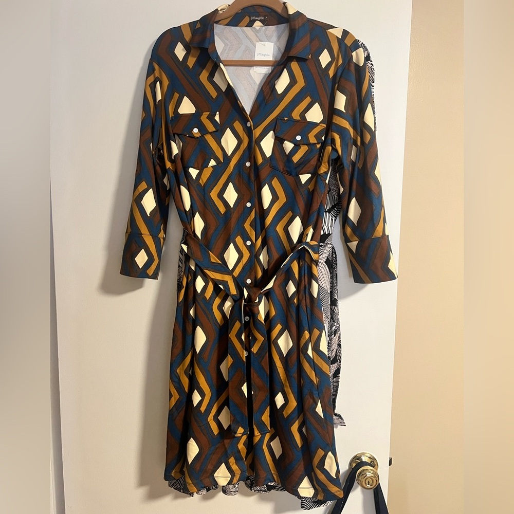 J. McLaughlin Long Sleeve Dress with Brown and Blue Geometric Design